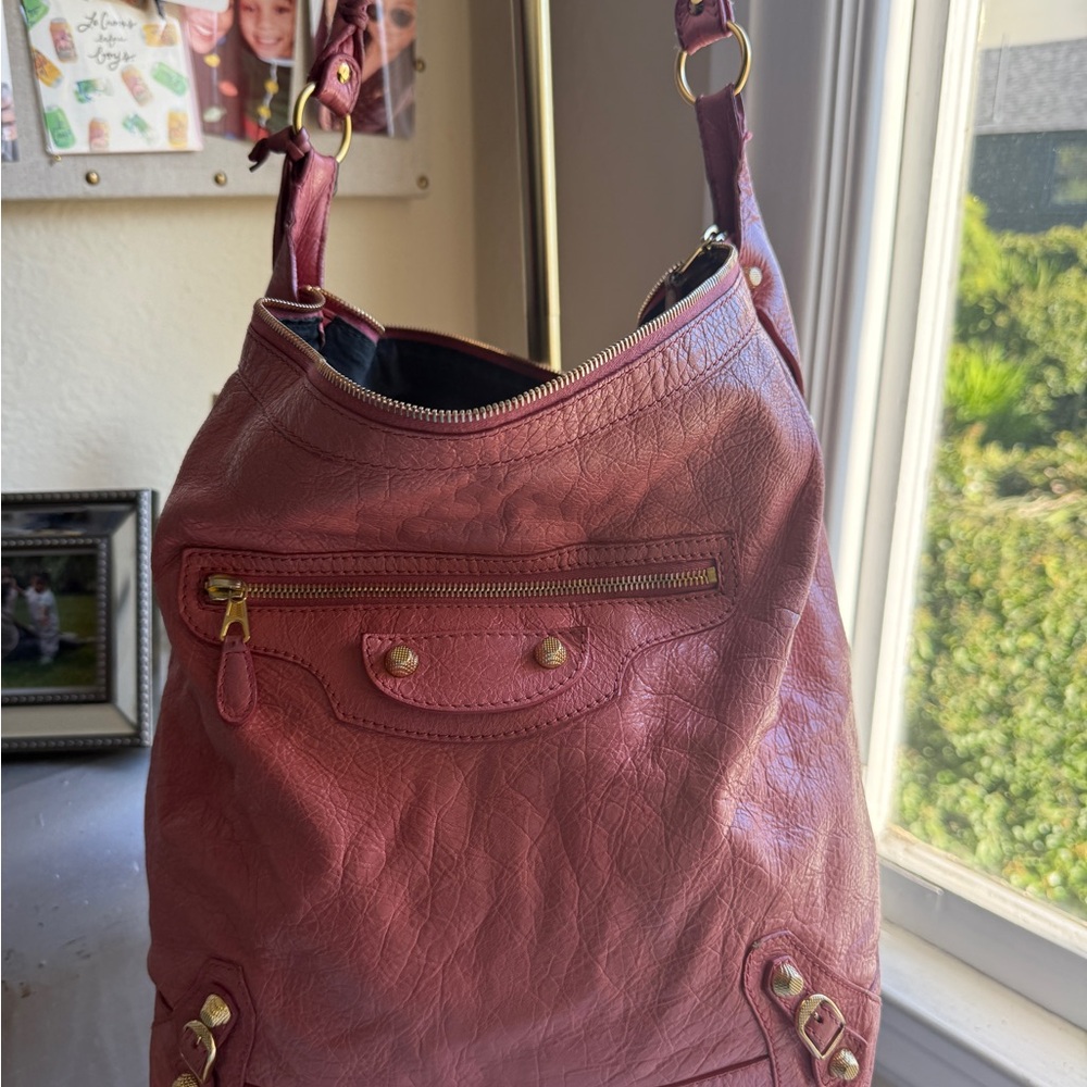 Auth Balenciaga Pink Leather Shoulder Hobo Bag motorcycle giant city hardware